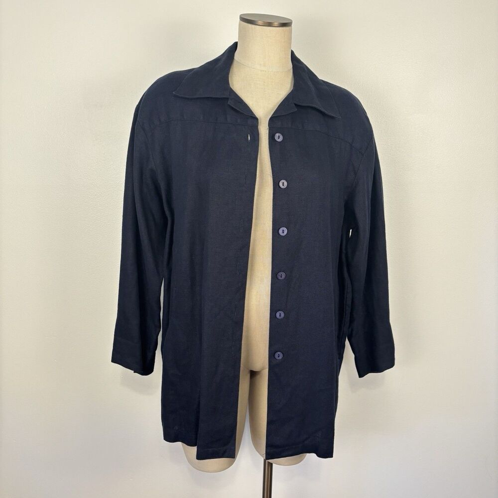 Jaeger Womens US 10 Made in Great Britain Black Linen Lagenlook Button Up Jacket